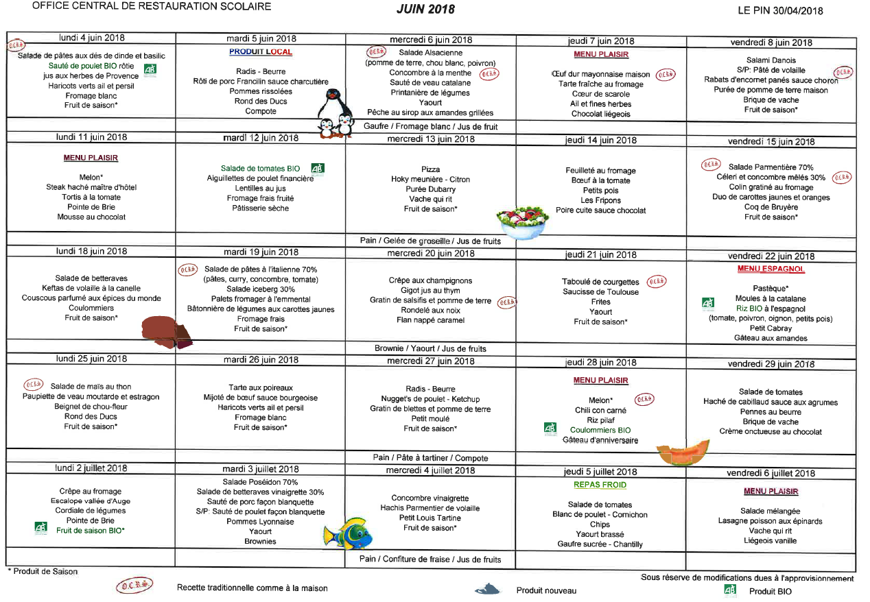 Menus Cantine Ecole De Juin 2018 Mairie Le Pin